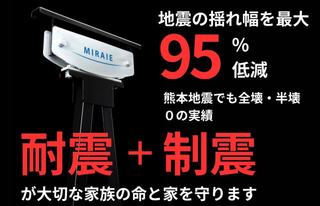 熊本地震、能登半島地震にも耐えた！と話題の制震ダンパーMIRAIE標準搭載の地震に強い家づくり地震は減らせない、しかしMIRAIEなら地震の揺れ幅を最大95％低減することが可能です！！